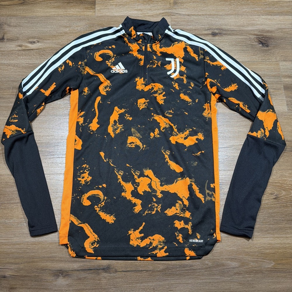 Adidas Men's SMALL Juventus Training Top Black Orange Acid Marble 1/4 Zip Soccer